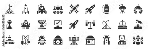 Black Space Exploration Icon Set – Minimalist Astronautics and Cosmic Technology Symbols for Digital Design