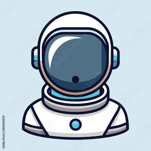 Stylized illustration of an astronaut helmet and shoulders against a light blue background