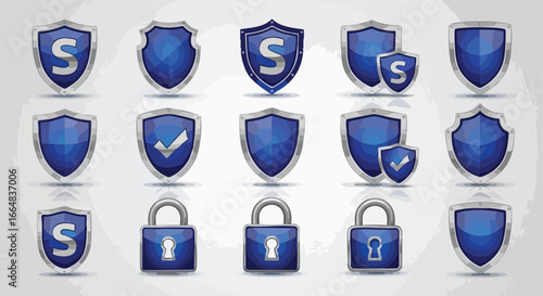 Illustrative compilation of glossy blue security shields and padlocks symbolizing digital fortress and advanced data defense