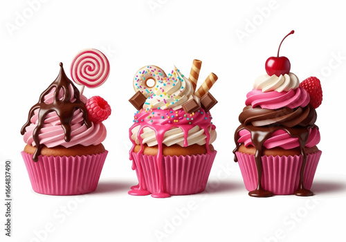 Indulge in these delicious cupcakes with pink frosting, chocolate drizzle, and colorful toppings, perfect for satisfying your sweet cravings and bringing joy to any celebration