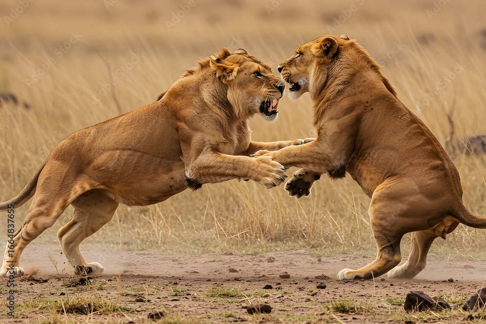 Fototapeta premium Fierce Lion Fight in Savannah – Powerful Wild Animal Battle Scene 