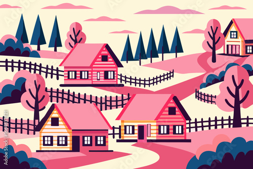 Charming village landscape illustration with cozy cottages, rolling hills, and picket fences evokes feelings of rural peace and simple living, perfect for branding