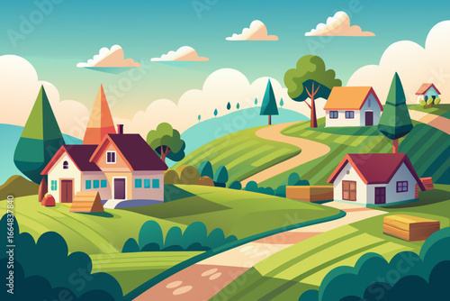 Charming rural landscape illustration with cozy houses nestled in rolling green hills, conveying peace, tranquility, and the beauty of countryside living