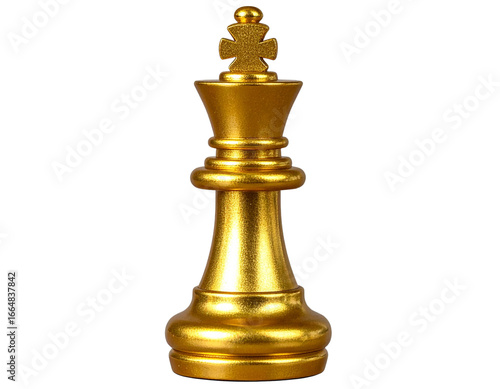 Golden Chess Queen Standing Upright with Glossy Shine, Isolated on Transparent Background