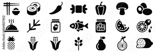 Black Food Icon Set – Minimalist Culinary and Ingredient Symbols for Digital Design