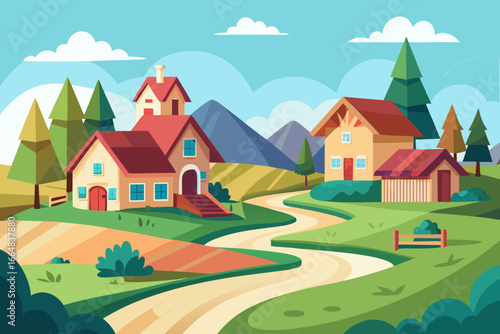 Charming village landscape with cozy houses, scenic path, and serene hills, evokes peaceful living and countryside charm, perfect for real estate marketing