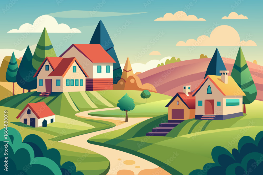 Naklejka premium Dreamy countryside houses amidst rolling hills, a peaceful neighborhood scene, simple home concept, inviting rural landscape, perfect for real estate marketing