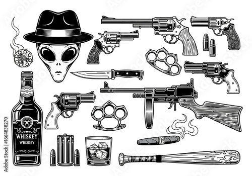 Retro Vintage Gangster Elements Featuring Sci-Fi Alien and Prohibition Era Prohibition Objects for a Unique Artistic Illustration