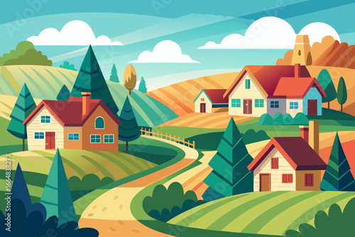 Charming rural village scene with cozy houses and rolling hills, perfect for showcasing idyllic living and serene landscapes in vibrant color palette