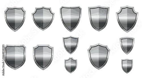 Collection of Metallic Shields in Various Styles, Protection Devices for Defense, Security Vectors on White, Safety Elements, Steel Armor Badges