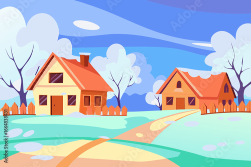 Charming rural landscape with cozy houses, peaceful idyllic countryside scene, cartoon style neighborhood, creating a sense of home and serenity, vector art