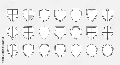 Set of varied outlined shield icons for security, protection, and defense themes. Vector silhouettes of shields offering different shapes, and