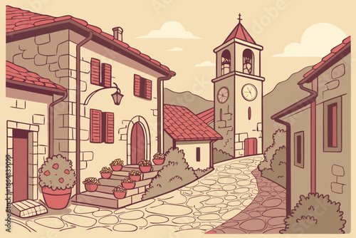 Charming old world European town illustration, romantic cobblestone streets and historic architecture create a timeless travel destination, perfect for design projects
