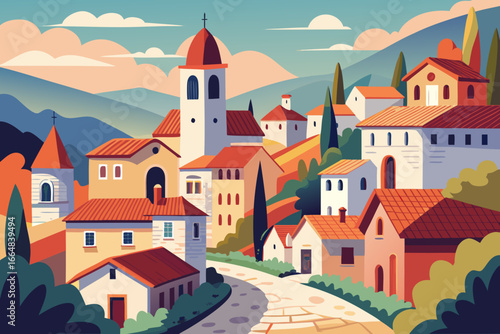 Charming European village with red-tiled roofs and church steeple, idyllic hillside town evokes peacefulness and history, perfect for travel and architectural design