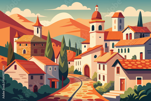 Charming Tuscan village illustration with winding roads and terracotta rooftops, capturing the essence of Italian countryside living and classic European architecture