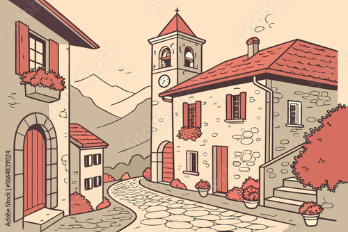 Charming Italian village street with church, stone buildings, and cobblestone road evokes feelings of travel, history, and peaceful Mediterranean life