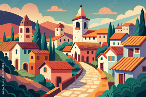 Charming Italian village scene with winding road and vibrant architecture, perfect for travel posters, book covers, or adding a touch of European flair