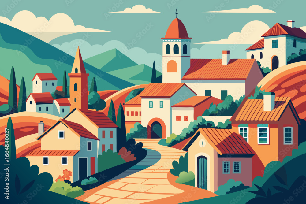 custom made wallpaper toronto digitalCharming Italian village illustration with rolling hills and terracotta rooftops, perfect for travel blogs, Mediterranean cookbooks, or European vacation promotions