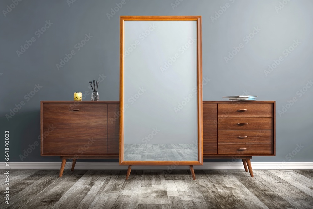 Fototapeta premium Wooden dresser and mirror in a modern room.