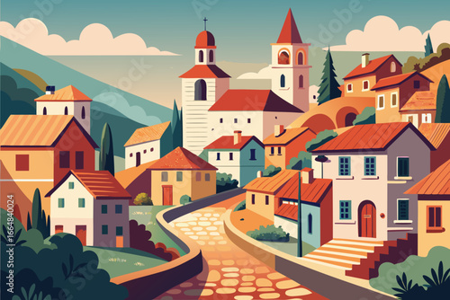 Wallpaper Mural Charming European village illustration with winding cobblestone streets, terracotta rooftops, and church steeples, perfect for travel promotions and architectural designs Torontodigital.ca