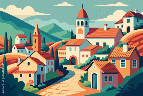 Wallpaper Mural Charming Italian village illustration with rolling hills and terracotta rooftops, perfect for travel blogs, Mediterranean cookbooks, or European vacation promotions Torontodigital.ca