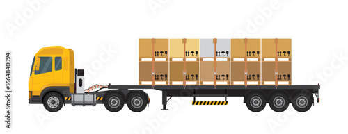 Isometric Shipping, Cargo transport. Big commercial semi-truck with trailer. Cargo Truck transportation, delivery, boxes. Delivery and shipping business cargo truck and logistic systems.