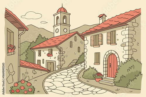 Charming European village scene evokes peaceful travel vibes, classic architecture and cobblestone streets create a warm, inviting atmosphere for exploration