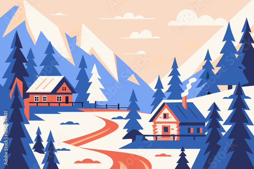 Cozy winter cabin retreat nestled amongst snow covered mountains and pine trees, perfect for travel destination marketing or holiday themed designs