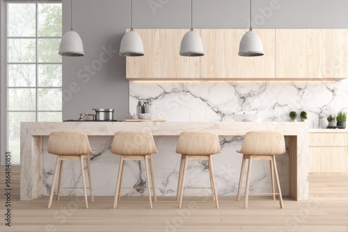 Light and airy kitchen with wooden bar stools and marble countertop.