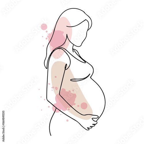 Pregnant woman line art with pink and beige abstract watercolor splashes pregnancy expectant mother