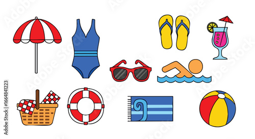 Cheerful summer getaway icons collection, featuring beach essentials and vacation leisure objects arranged, representing a delightful seaside