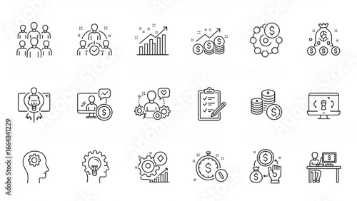 Minimalist business icons collection outline set finance teamwork growth idea strategy presentation professional design