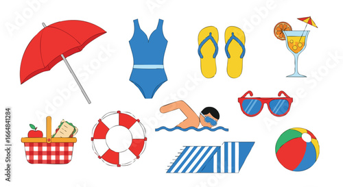 Vibrant summer cartoon icons representing beach vacation essentials and joyful outdoor activities under the sun and water fun scenes
