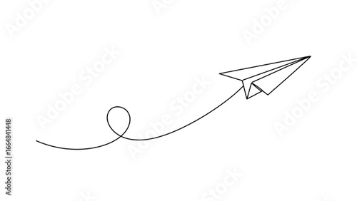 Minimalist line art illustration of paper airplane continuous line drawing with whimsical flight path elegant black and white design symbolizing creativity imagination and adventure