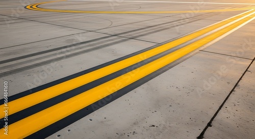 Airport runway taxiway with yellow guidance lines on concrete tarmac at sunset.