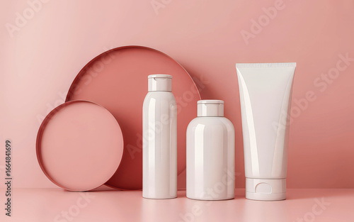 White blank cosmetic product bottles and tube arranged on a pink background with round podiums