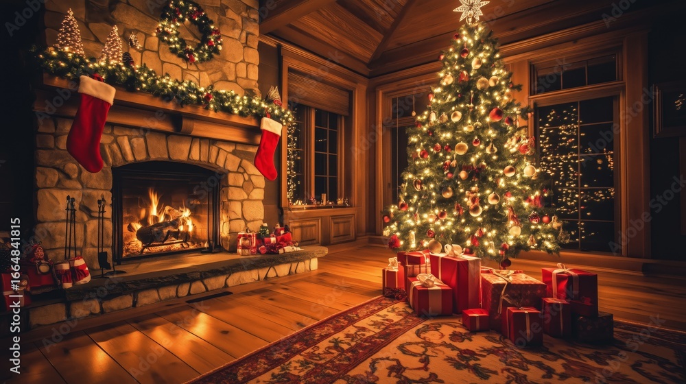 custom made wallpaper toronto digitalCozy winter evening with a decorated Christmas tree and glowing fireplace in a warm living room