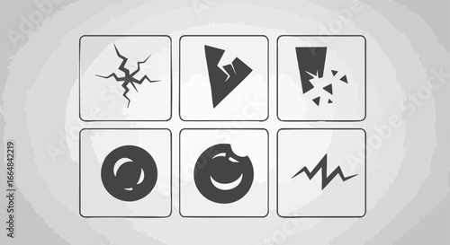 Collection of Cartoon Style Vector Icons Representing Damage, Loss, and Irregularity presented on white background