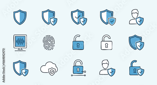 Minimalist Information Security Icons Vector Illustration Representing Cyber Protection Measures and Data Safety Protocols for System Defense