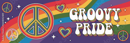 Retro pride peace sign with celebration elements – Ideal for inclusivity marketing, posters, or pride merchandise