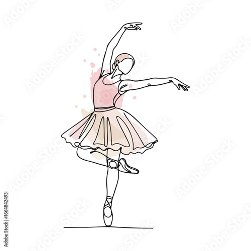 Single line drawing of a ballerina in a pink tutu performing a dance pose with watercolor splashes ballet