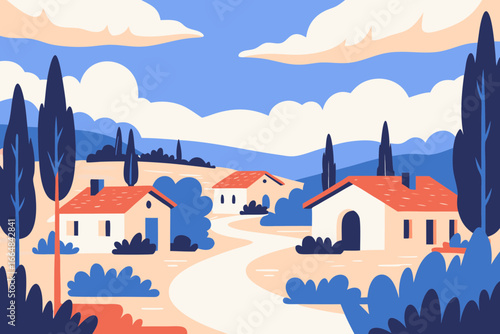 Charming Tuscan village scene with rolling hills, cypress trees, and quaint houses under a vibrant blue sky, evoking tranquility and rustic beauty.