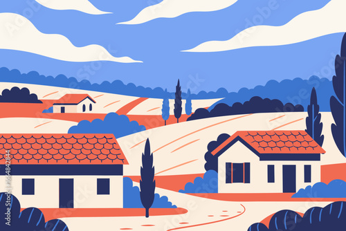Vibrant Tuscan landscape with charming villas nestled amongst rolling hills under a bright, cloud-streaked sky, evoking peaceful countryside serenity and idyllic rural living.