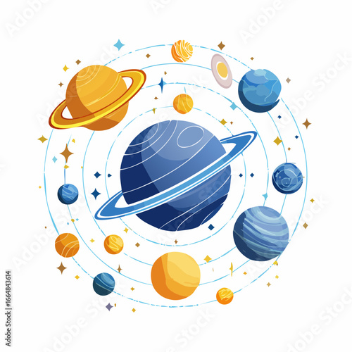 Abstract astronomy vector design featuring planets, galaxies, and orbit lines. Futuristic minimal space illustration with clean white background.
