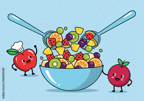 Adorable kawaii apple chefs happily serving a vibrant bowl of mixed fruit salad for a healthy lifestyle concept