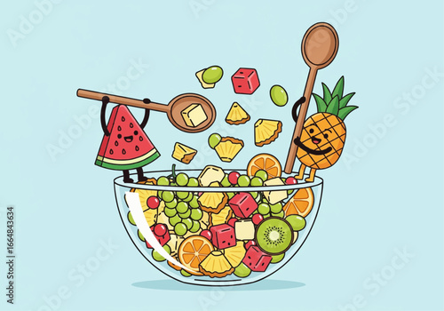 Joyful animated watermelon and pineapple characters playfully preparing a vibrant and fresh fruit salad in a large glass bowl