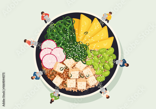 Conceptual illustration of a team of miniature workers preparing a giant, fresh, and healthy vegan poke bowl from a top-down view