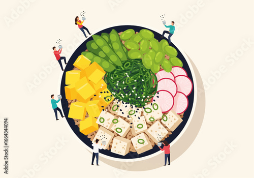 A vibrant and healthy plant-based poke bowl with tofu and fresh vegetables being photographed by miniature people for social media