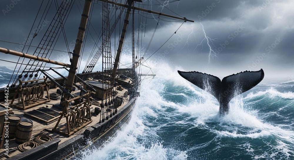Fototapeta premium Whaling Ship in Stormy Ocean