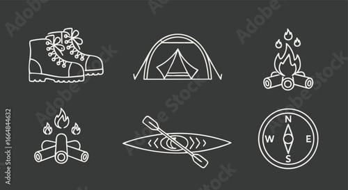 Minimalist Camping and Outdoor Adventure Icons Set Featuring Footwear, Tent, Bonfire, Kayak and Compass with Clean Design